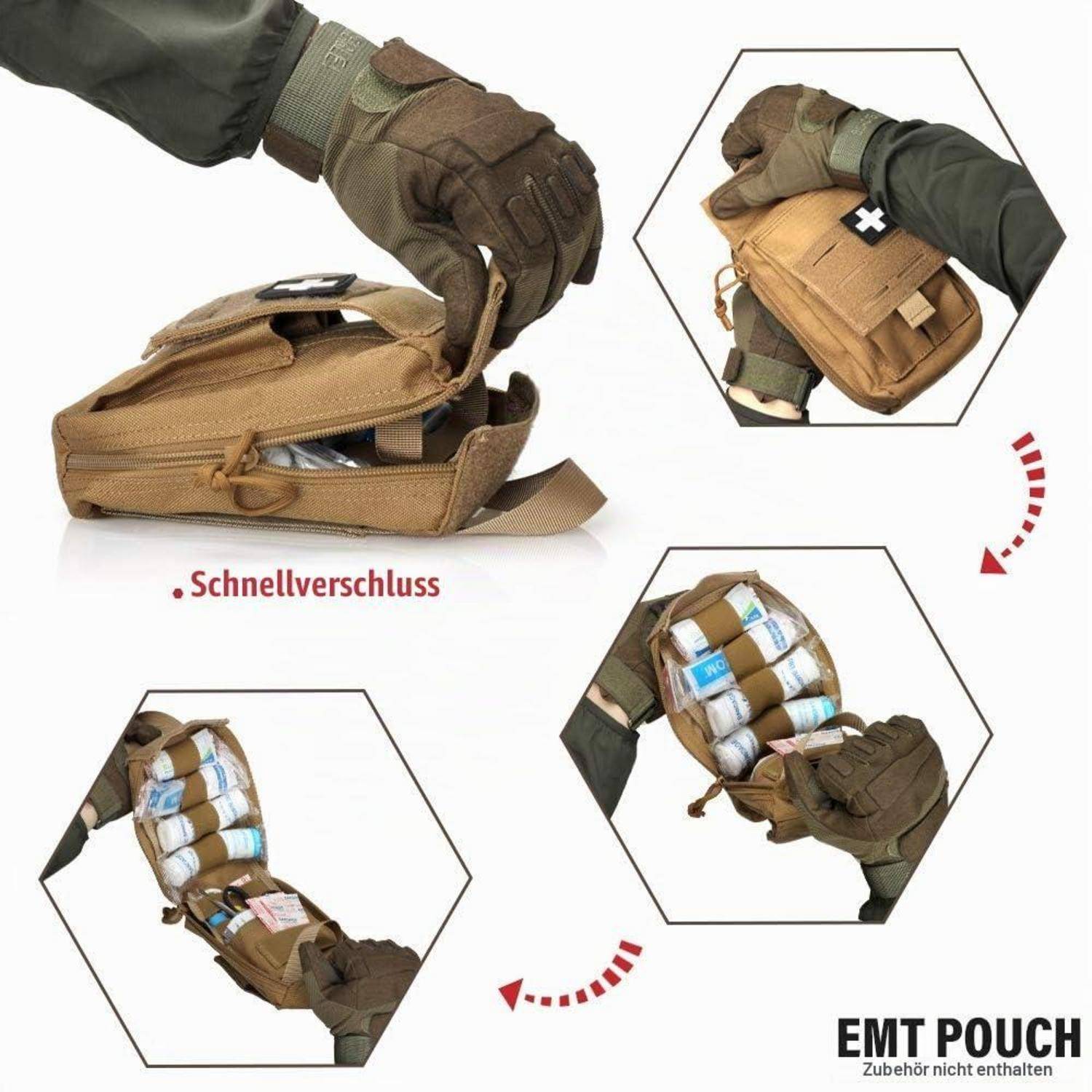 Hände öffnen eine beige taktische Sanitätertasche und zeigen schnellen Verschlusszugang und organisierte medizinische Materialien im Inneren; beschriftet mit „Schnellverschluss