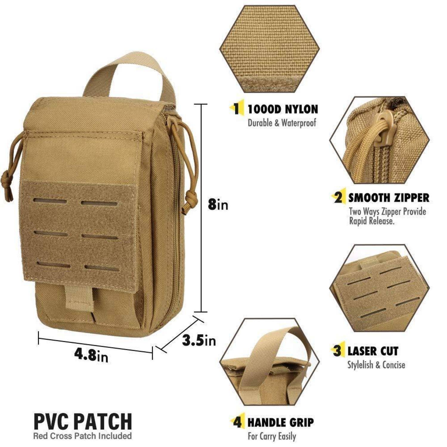 Beige taktische Gürteltasche mit den Abmessungen 8 x 4,8 x 3,5 Zoll und gekennzeichneten Eigenschaften: 1000D Nylon, glatter Reißverschluss, Laserschnitt, Griffriemen, PVC-Patch.
