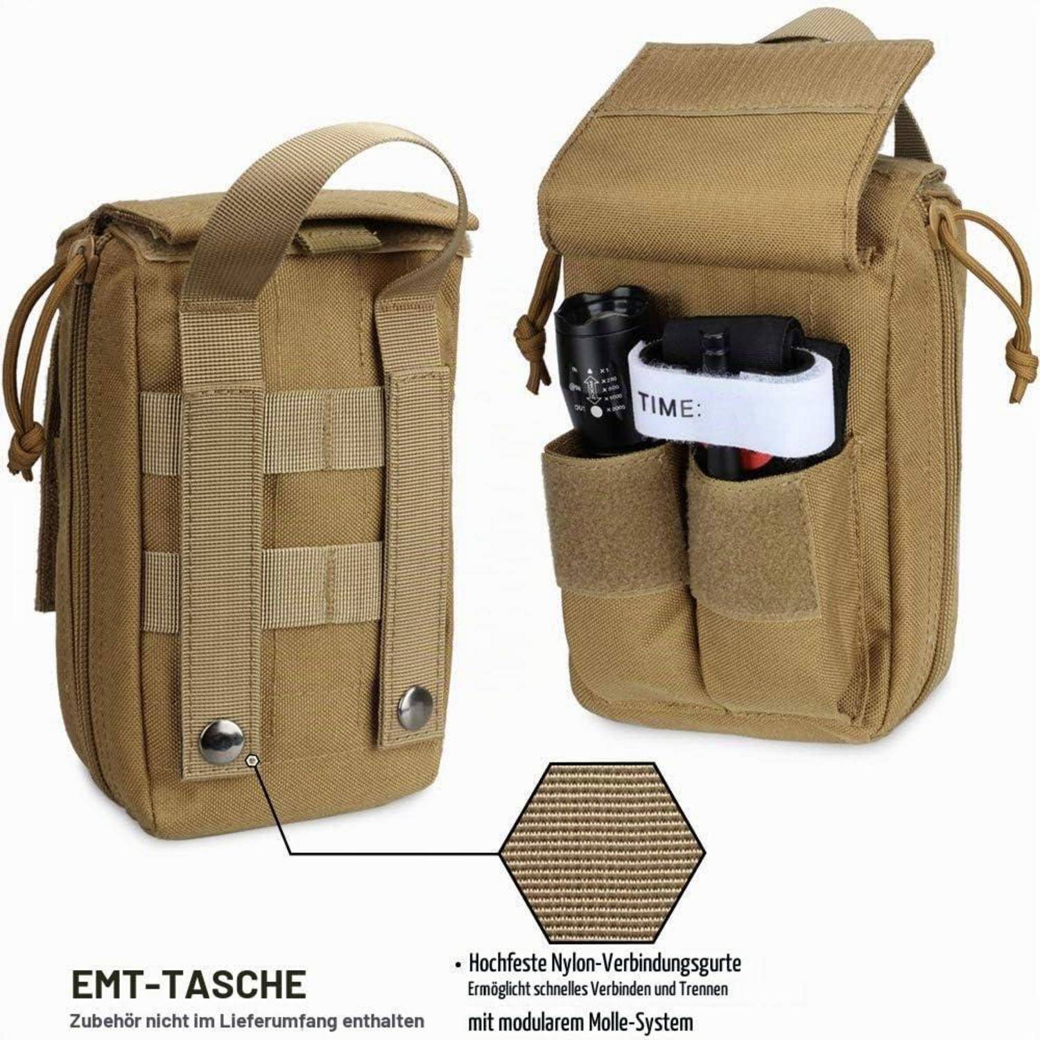 Tan Tactical-EMT-Tasche mit MOLLE-Riemen und Klappdeckel-Öffnung, geschlossen und geöffnet mit medizinischen Vorräten im Inneren dargestellt.