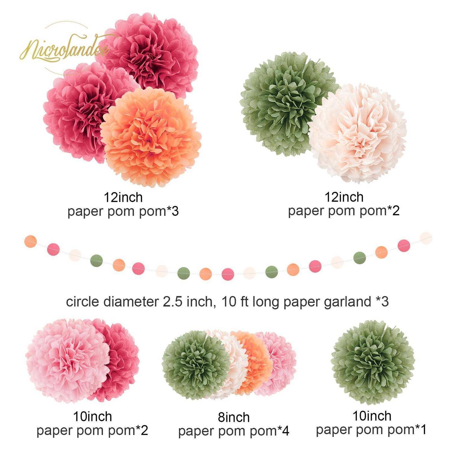 Produktbild von Papierpartydekoration: drei 12-Zoll-Pompons, zwei 12-Zoll-Pompons, eine 10-Fuß-Papiergirlande mit 2,5-Zoll-Kreisen, sowie 10-Zoll- und 8-Zoll-Pompons in Rosa, Grün und Pfirsich.