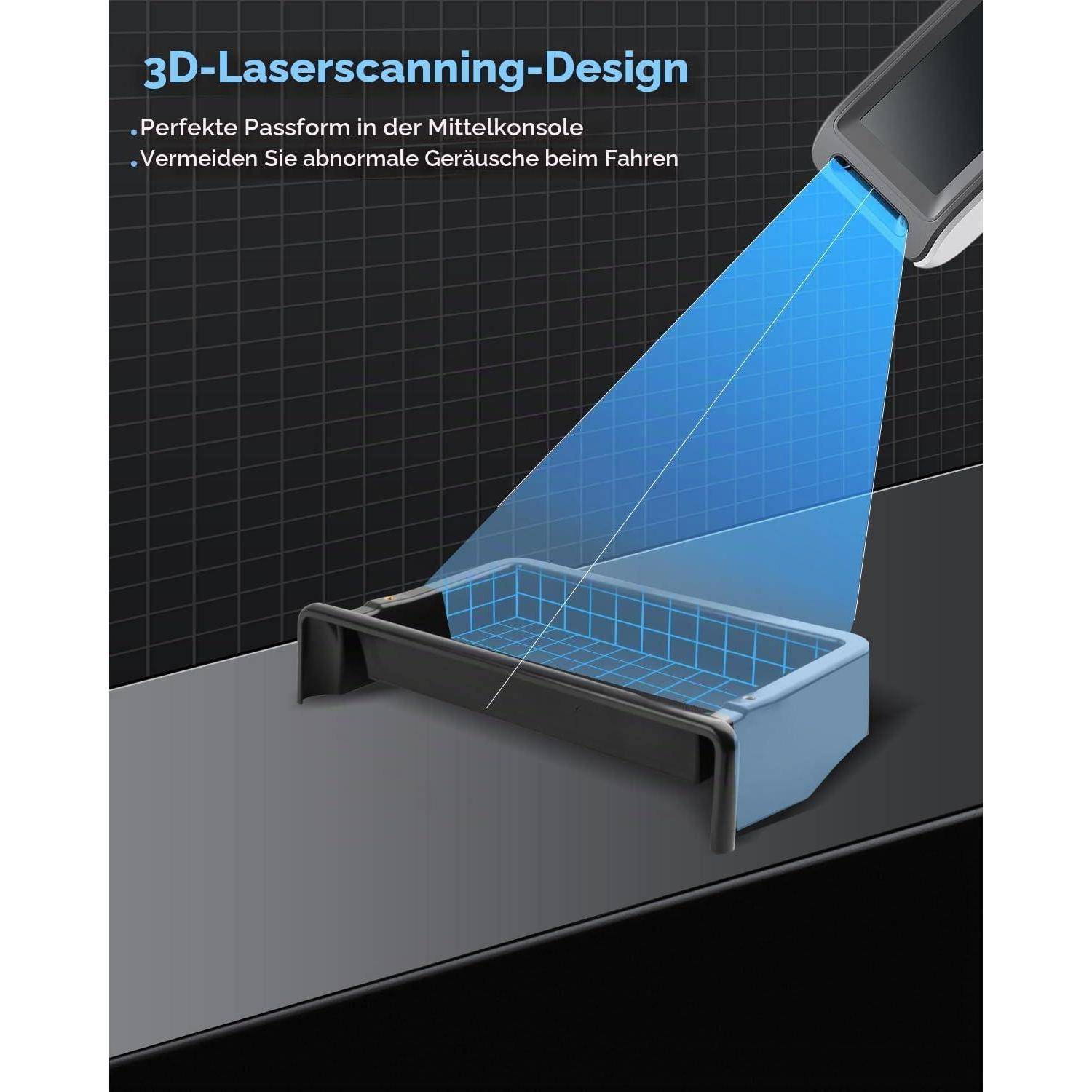 3D-Laserscanning-Design einer Mittelkonsolen-Einsatzplatte; Text besagt „Perfekte Passform in der Mittelkonsole