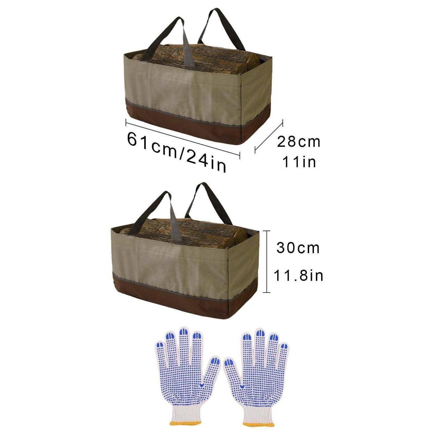 Illustration einer rechteckigen Tragetasche mit Griffen, dargestellt in zwei Größen: 61 cm x 28 cm x 30 cm und 24 Zoll x 11 Zoll x 11,8 Zoll, mit einem Paar Arbeitshandschuhe darunter.