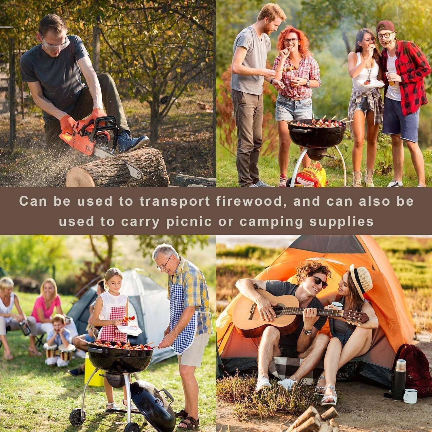 Collage zeigt einen Klappwagen zum Transport von Brennholz, Picknickvorräten und Campingausrüstung, mit Menschen, die am Campingplatz grillen, picknicken und sich entspannen.