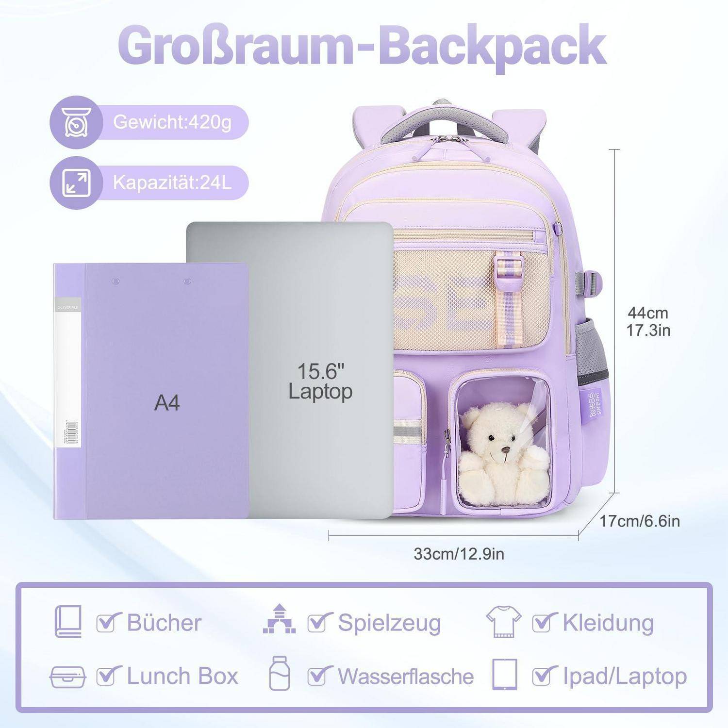 Violetter großvolumiger Rucksack mit der Bezeichnung 420g und 24L, mit den Abmessungen 44cm x 33cm x 17cm, dargestellt mit einem A4-Ordner, 15,6"-Laptop und anderen Gegenständen.