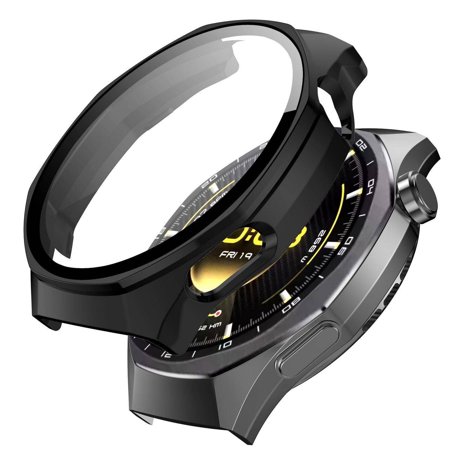 Schwarze Schutzuhr oder Lünettenschutz, der in einem Winkel über einem Smartwatch-Display gezeigt wird und robusten Schutz sowie Kronenzugriff hervorhebt.