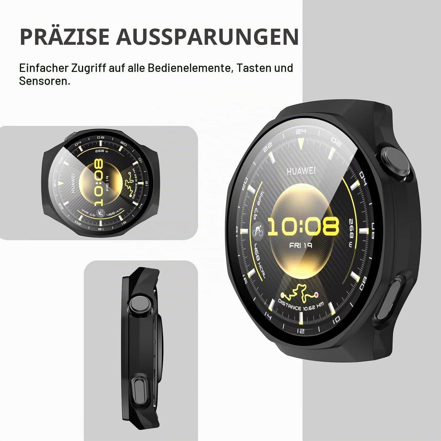 Smartwatch mit präzisen Aussparungen für einfachen Zugriff auf Tasten und Sensoren; gezeigt von vorne und von der Seite, Text lautet „PRÄZISE AUSSPARUNGEN
