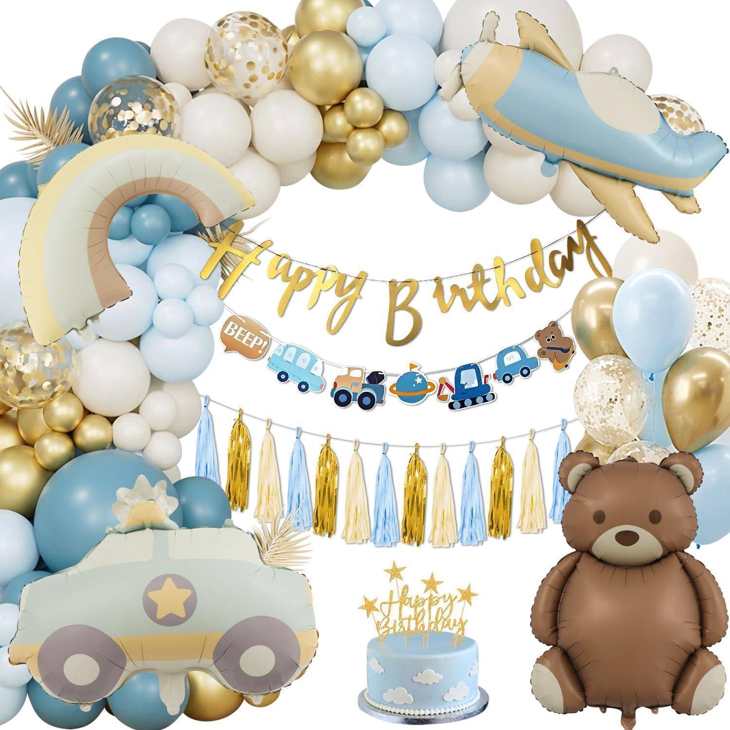 Gold und Pastellblau Geburtstagsparty-Dekorationen mit Ballonbogen, „Happy Birthday