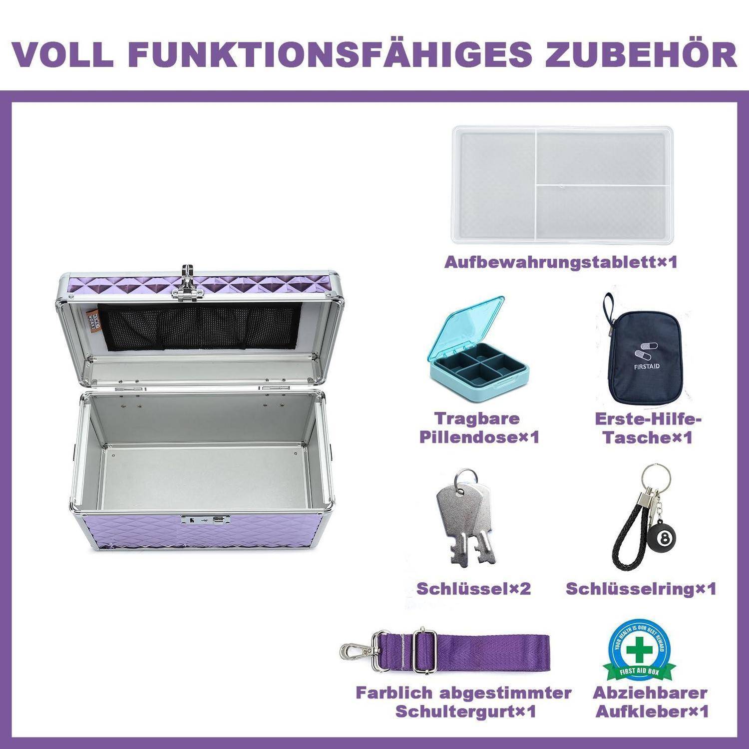 Zubehörsatz für einen violetten Koffer, zeigt eine offene Aufbewahrungsbox sowie enthaltene Artikel: Tablett, Pillendose, Erste-Hilfe-Beutel, 2 Schlüssel, Schlüsselring, Schulterriemen und abnehmbarer Aufkleber.