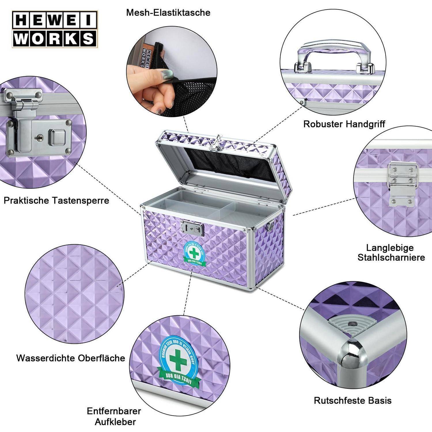 Infografik einer violetten Erste-Hilfe-Aufbewahrungsbox mit Rautenmuster und geöffnetem Deckel, die folgende Features hervorhebt: Netzelastiktasche, robuster Griff, Schlüsselschloss, strapazierfähige Stahlscharniere, wasserdichte Oberfläche, abnehmbarer Aufkleber und rutschfeste Basis.