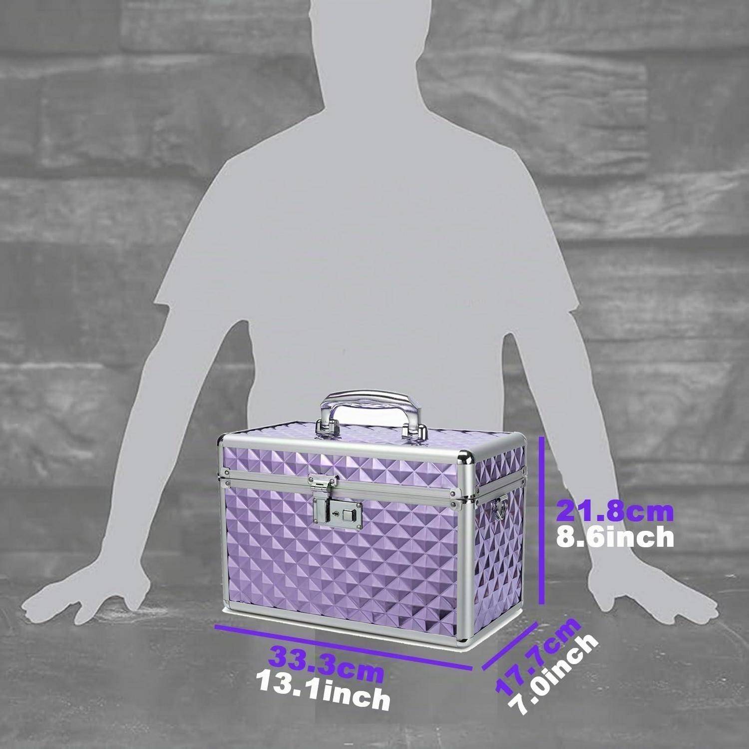 Violette Hartschalenlagerungstasche mit Griff, neben einer menschlichen Silhouette abgebildet, um die Größe anzuzeigen; Abmessungen gekennzeichnet als 33,3 cm breit, 21,8 cm hoch und 17,7 cm tief.