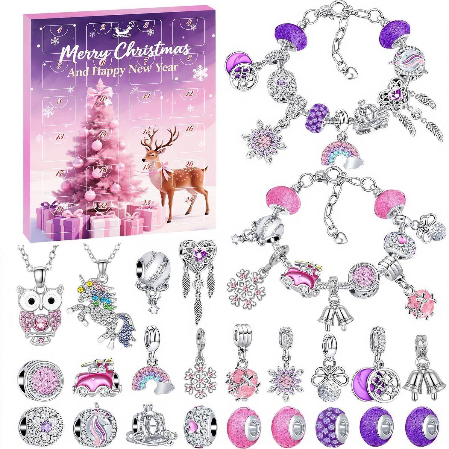 Weihnachtsthematisches Schmuck-Adventskalenderset mit lila und rosa Charms, Armbändern, Anhängern und Geschenkbox-Verpackung mit der Aufschrift „Frohe Weihnachten und ein glückliches neues Jahr