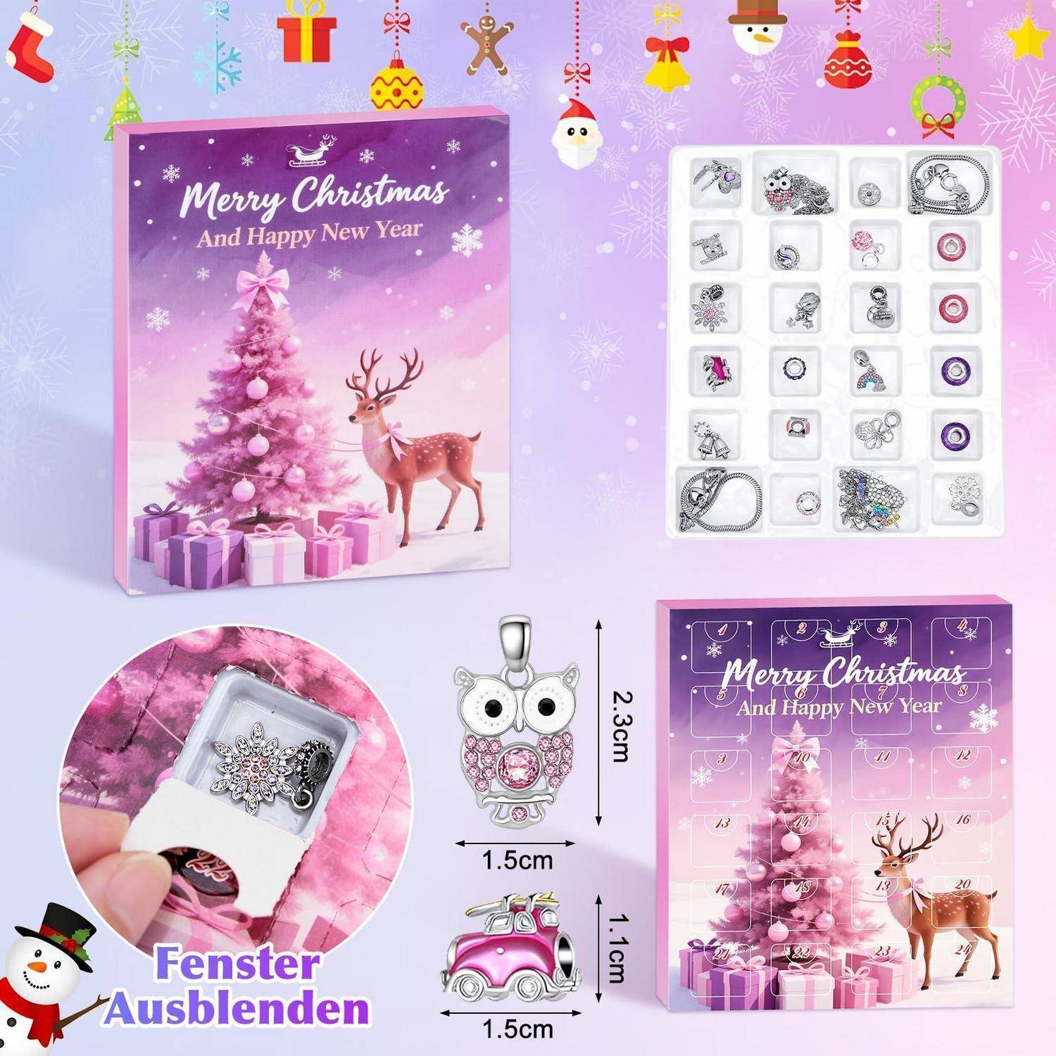 Weihnachtsthematischer Schmuck-Adventskalender mit 24 Charm-Fächern, gezeigt mit festlicher Schachtelkunst und Beispiel-Charms, plus kleine Größenillustrationen und Abmessungen.