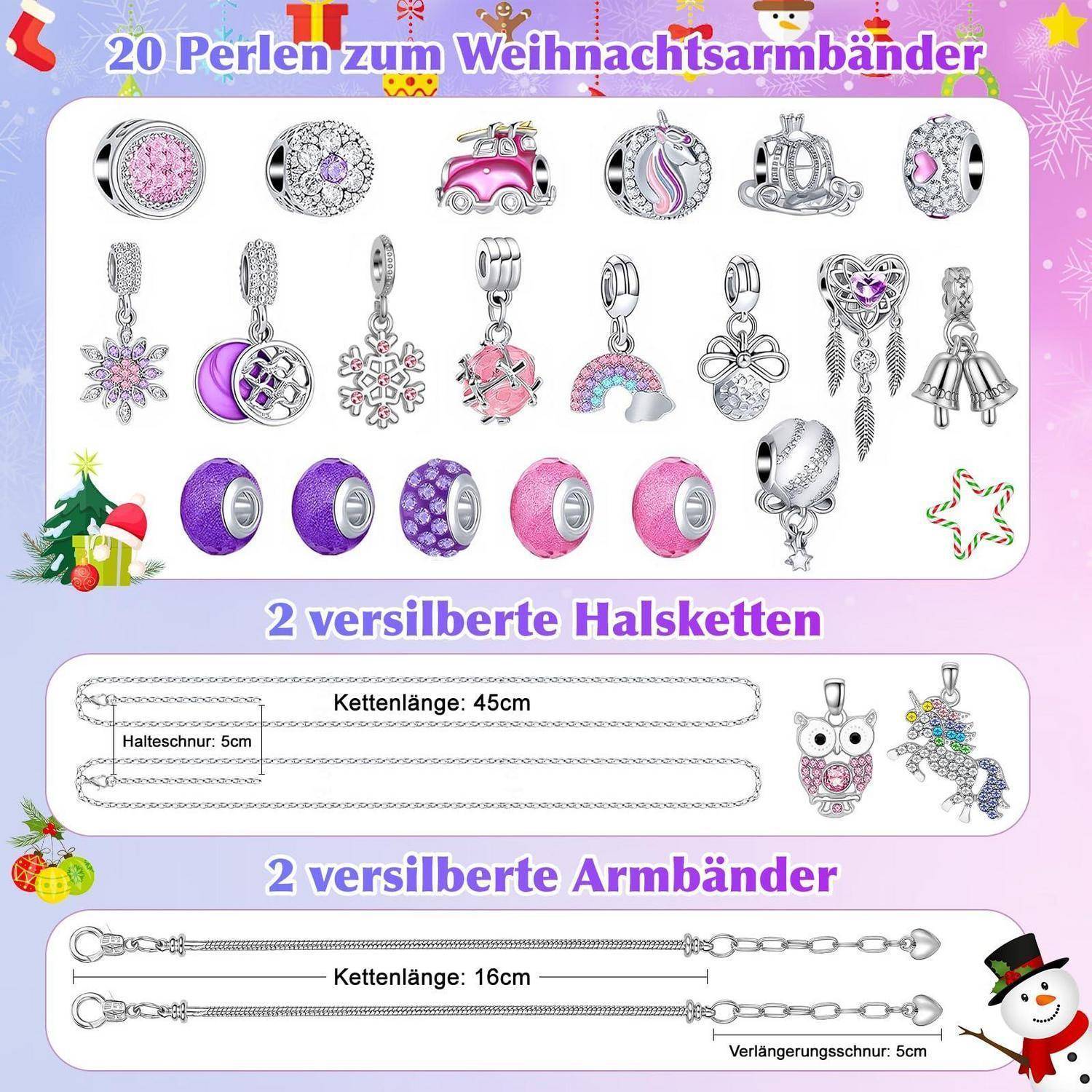 Deutsches Schmuck-Set mit 20 weihnachtlichen Charm-Perlen plus 2 silbernen Halsketten und 2 silbernen Armbändern, mit Größenangaben 45 cm, 16 cm und 5 cm Verlängerung.