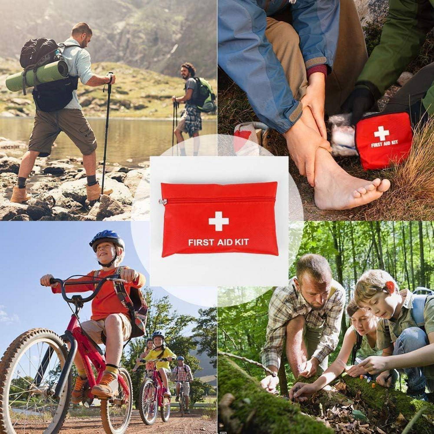 Collage aus Wanderern, Radfahrern und Personen, die eine Fußverletzung im Freien behandeln, zentriert auf eine rote 'ERSTE-HILFE-KIT'-Tasche.