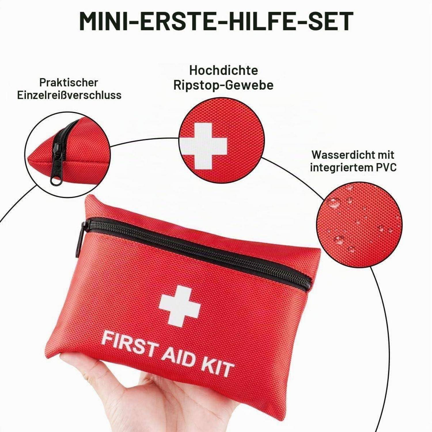 Rote Mini-Erste-Hilfe-Tasche mit der Bezeichnung „FIRST AID KIT" und Reißverschluss; Beschriftungen heben reißfestes Ripstop-Gewebe, wasserdichtes PVC und leicht zu öffnenden Verschluss hervor.