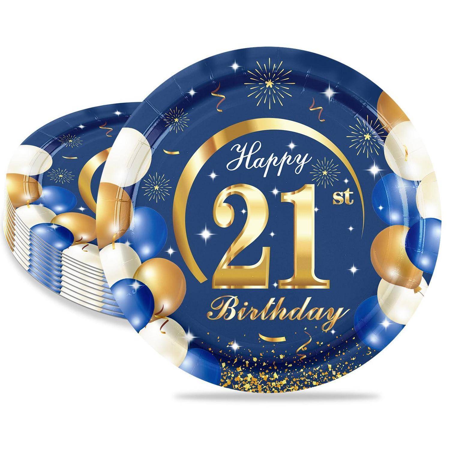 Blau- und Golddeko zum 21. Geburtstag mit Ballons, Feuerwerk und Text 