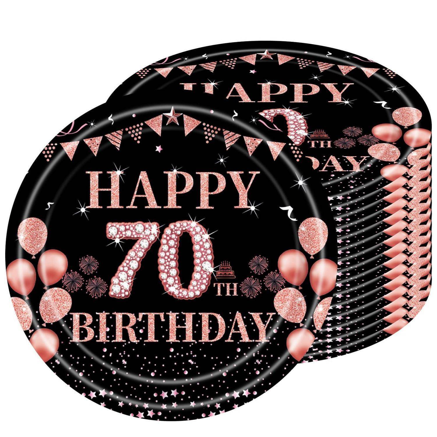 Schwarz und rosa Dekorationen zur 70. Geburtstagsfeier mit Ballons, Girlanden und Stern-Akzenten, mit dem Text „ALLES GUTE ZUM 70. GEBURTSTAG