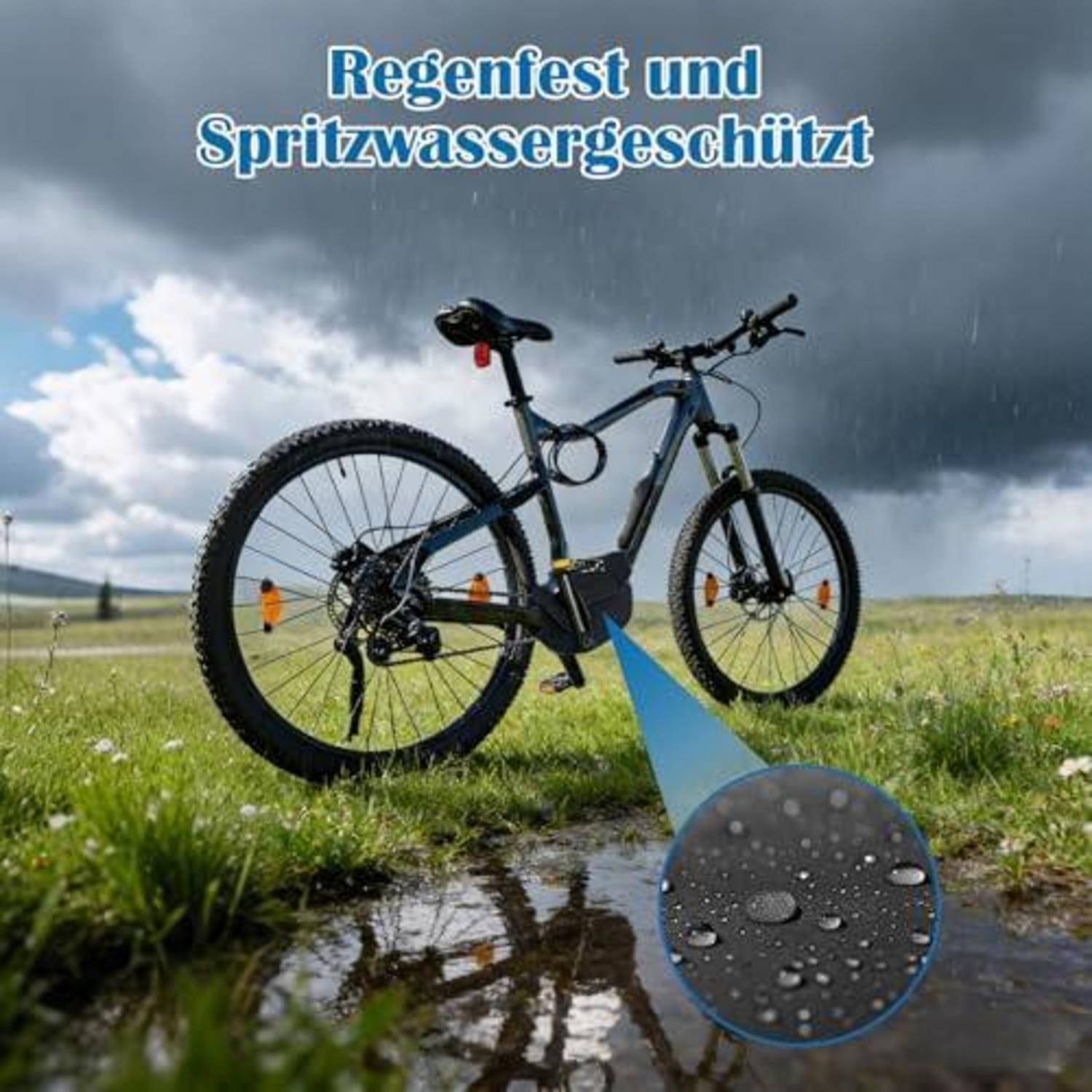 Elektrisches Fahrrad in einem regnerischen Feld mit deutschem Text „Regenfest und Spritzwassergeschützt" und einer Wassertropfen-Detailaufnahme, die zeigt, dass es regen- und spritzwasserfest ist.