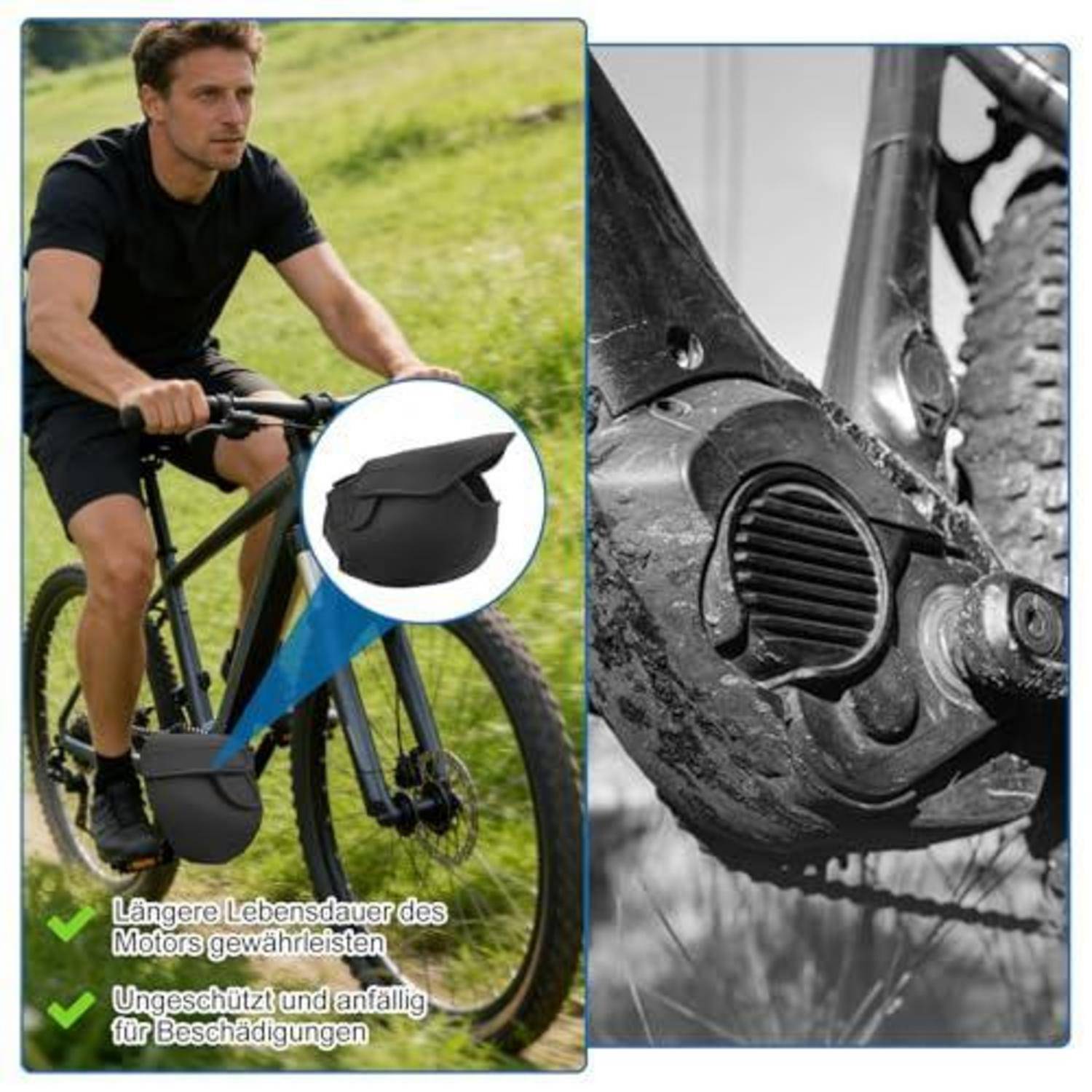 Geteiltes Bild, das links einen Radfahrer mit einem geschützten E-Bike-Motor und rechts eine Nahaufnahme eines freiliegenden, verschmutzten Motors zeigt, wobei Haltbarkeit und Schadensrisiko verglichen werden.