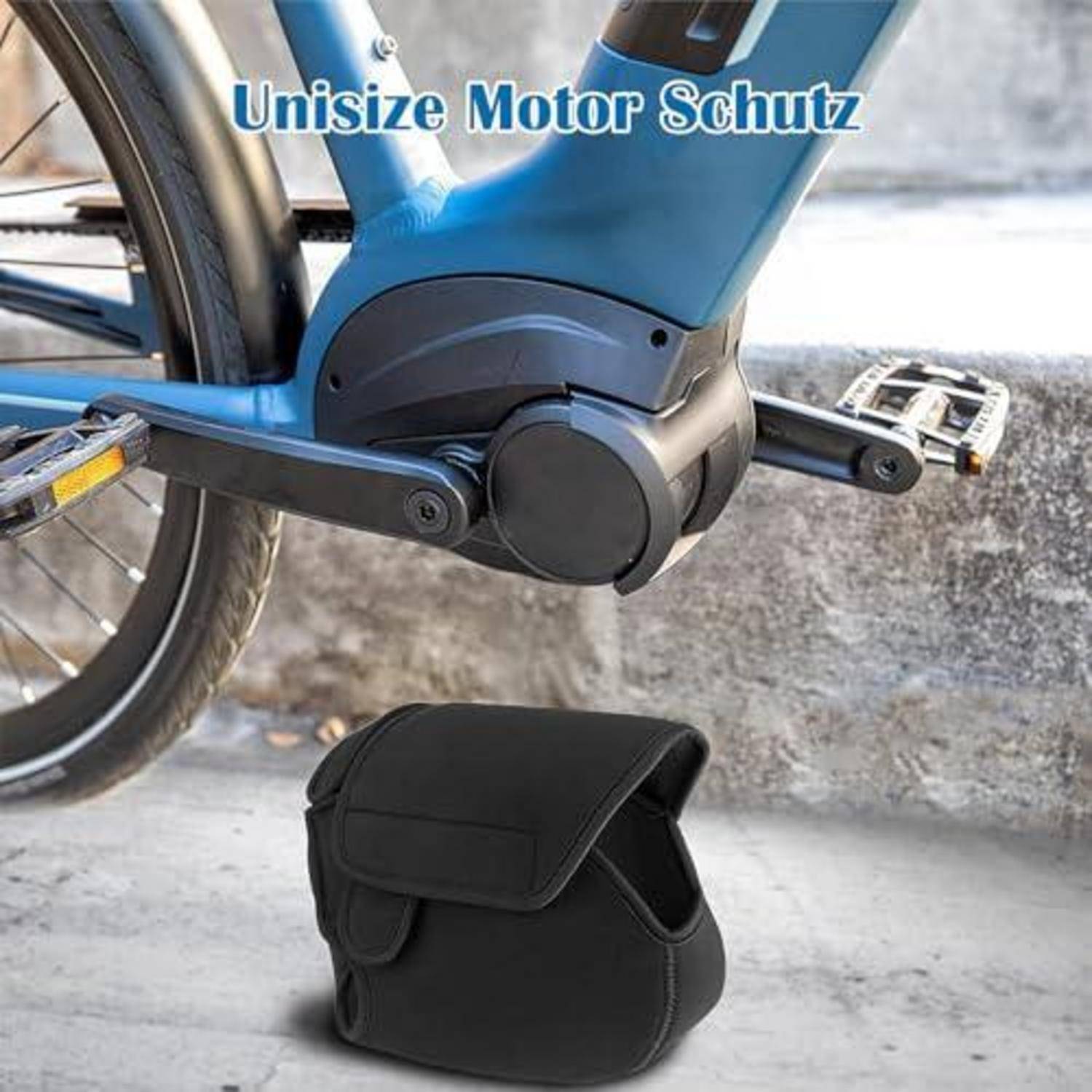 Blaues Elektrofahrrad-Motorgehäuse mit dem Text „Unisize Motor Schutz" über einer darunter gezeigten schwarzen Schutzabdeckung.