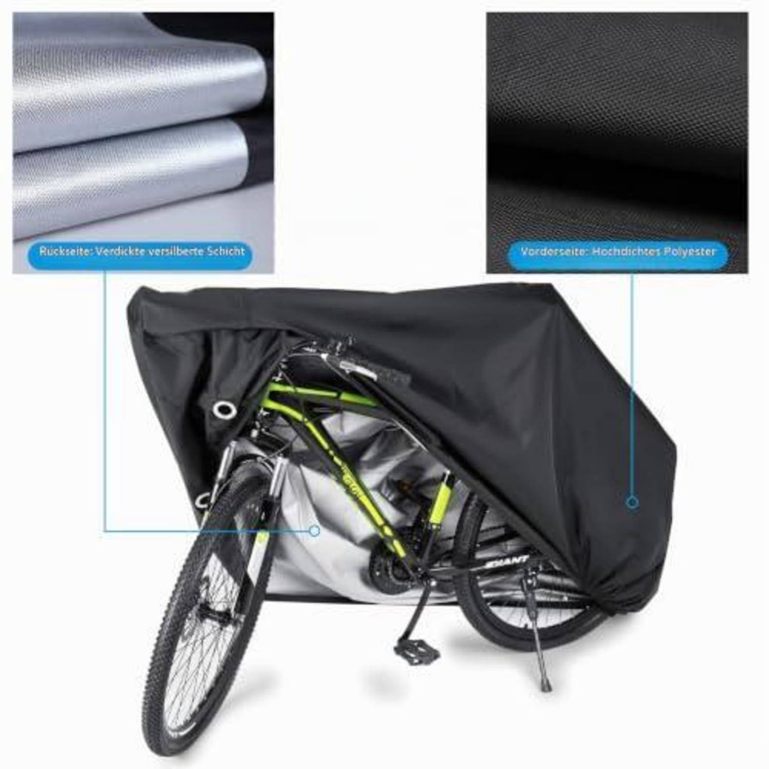 Schwarze Fahrradschutzhaube, die ein Fahrrad schützt, mit eingefügten Nahaufnahmen, die das wasserdichte Außenmaterial aus Polyester und die silberne Rückseite zeigen.