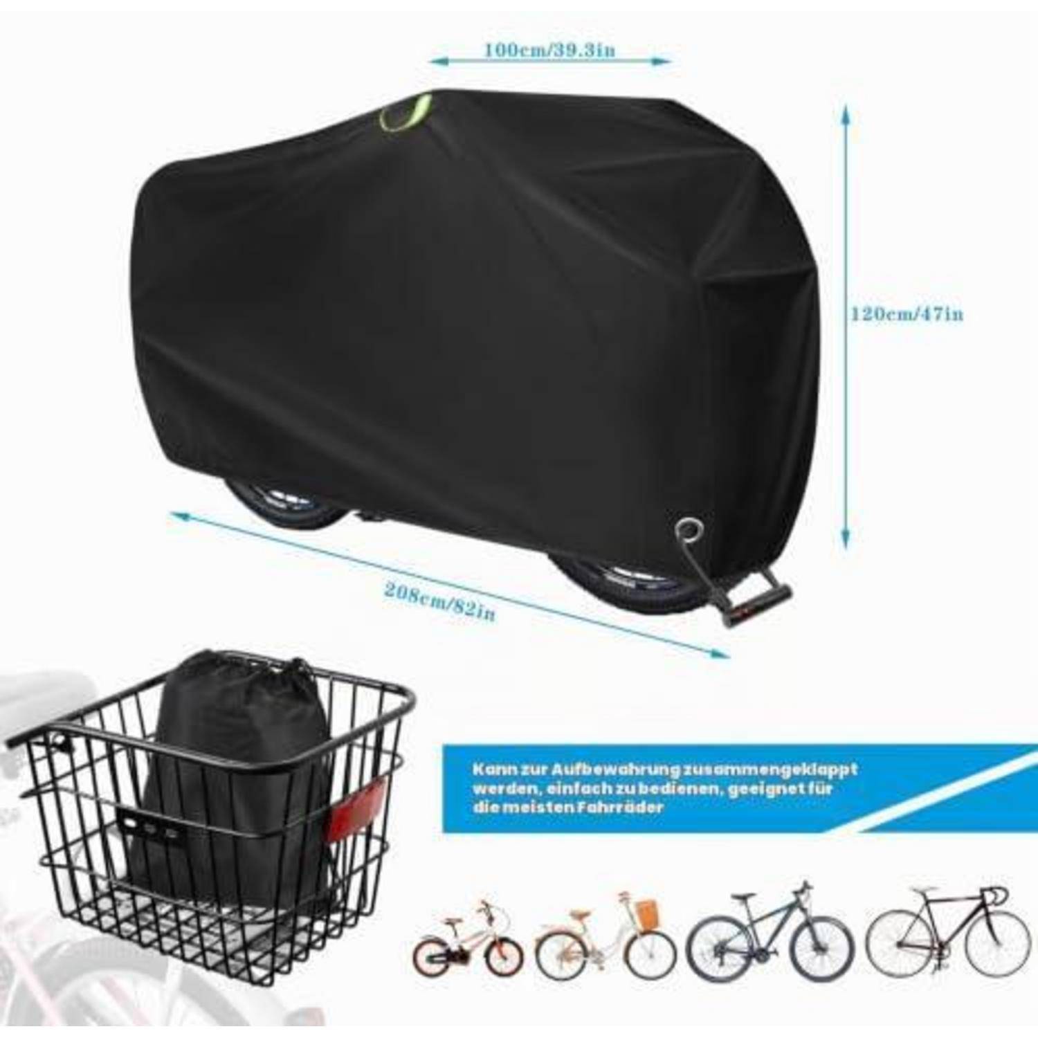 Schwarze wasserdichte Fahrradsicherung mit Abmessungen von 208 x 100 x 120 cm, über einem Fahrrad abgebildet und zusammengeklappt in einem Korb; der Text besagt, dass sie zusammengeklappt gelagert werden kann und zu den meisten Fahrrädern passt.