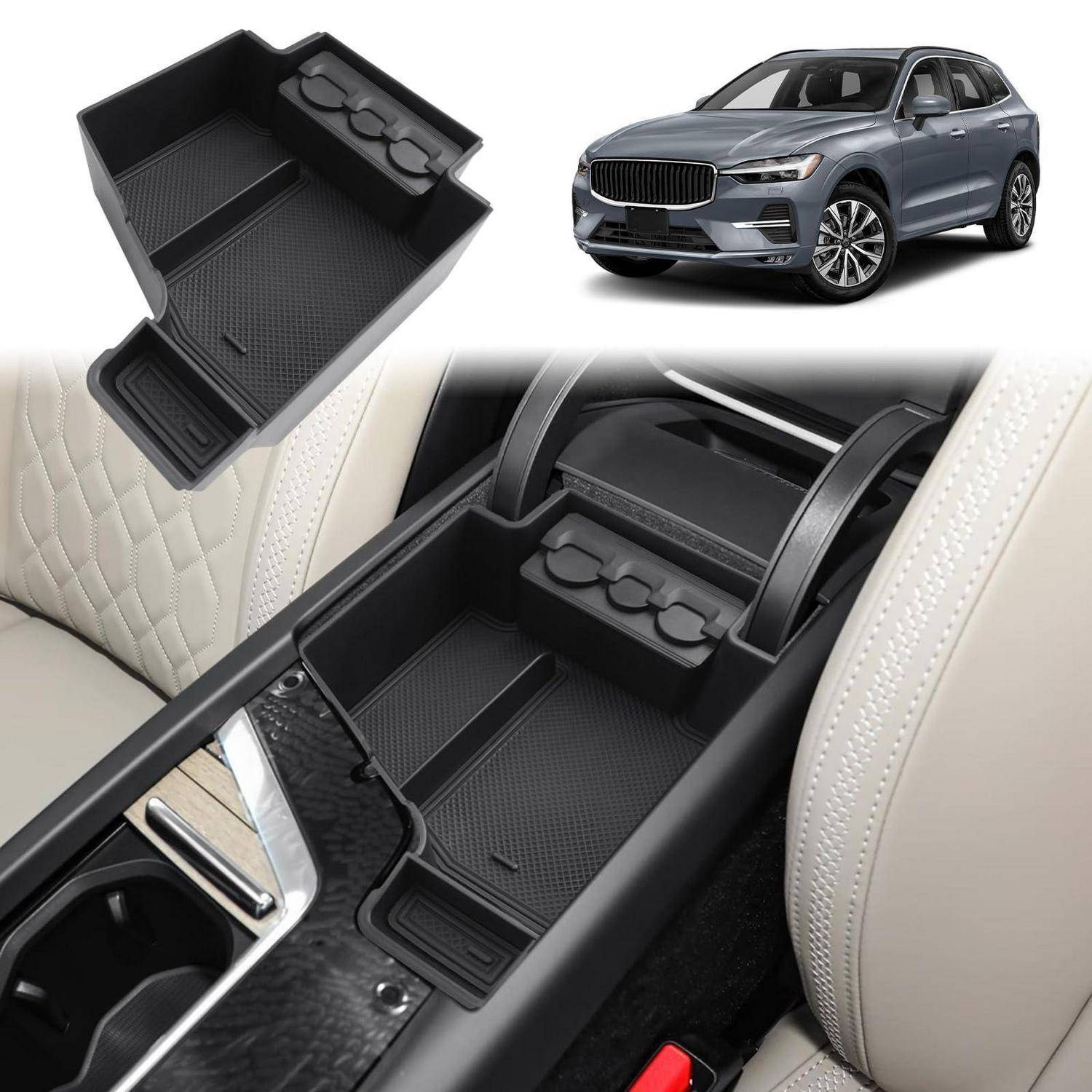 Mittelkonsolen-Organizer für Autos mit Getränkehaltern, gezeigt installiert zwischen den Vordersitzen und als Produktdetailansicht, mit Referenzbild eines Volvo-SUVs.