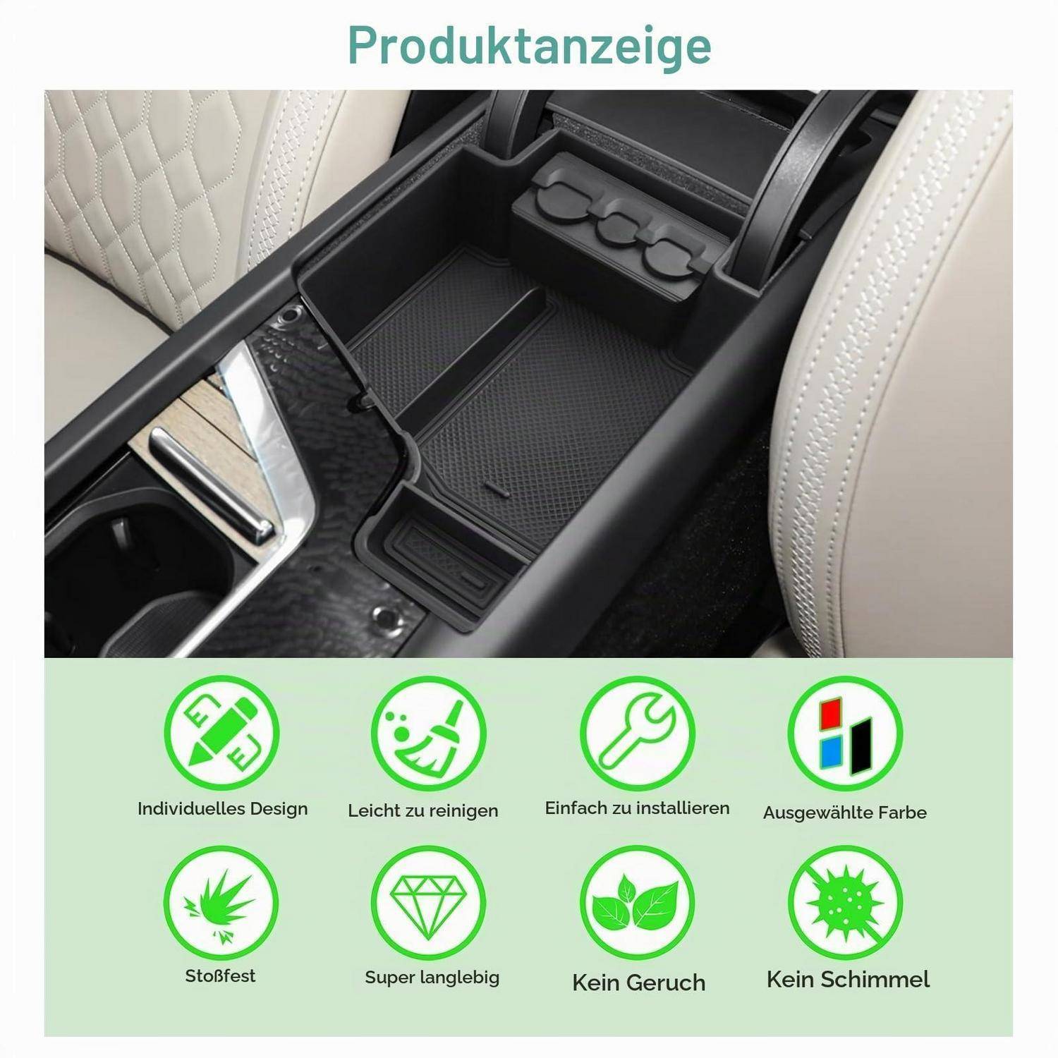Produktanzeige eines benutzerdefinierten Auto-Mittelkonsolen-Organizers zwischen cremefarbenen Sitzen, mit Symbolen, die einfache Reinigung, unkomplizierte Installation, Langlebigkeit, Geruchsfreiheit und Schimmelresistenz hervorheben.