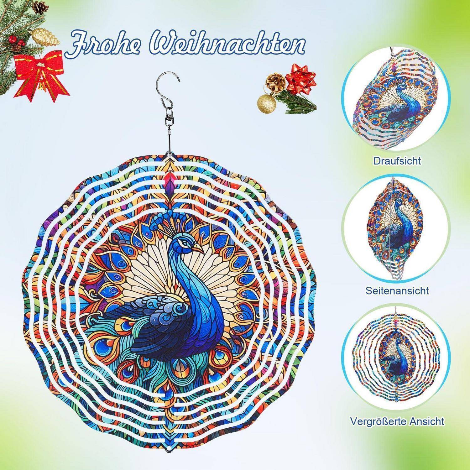 Dekorativer Weihnachtspfau-Christbaumschmuck mit farbenfrohem Glasmalerei-Stil-Design, gezeigt mit hängender Ansicht sowie Oben-, Seiten- und vergrößerte Ansichten mit den Beschriftungen „Draufsicht
