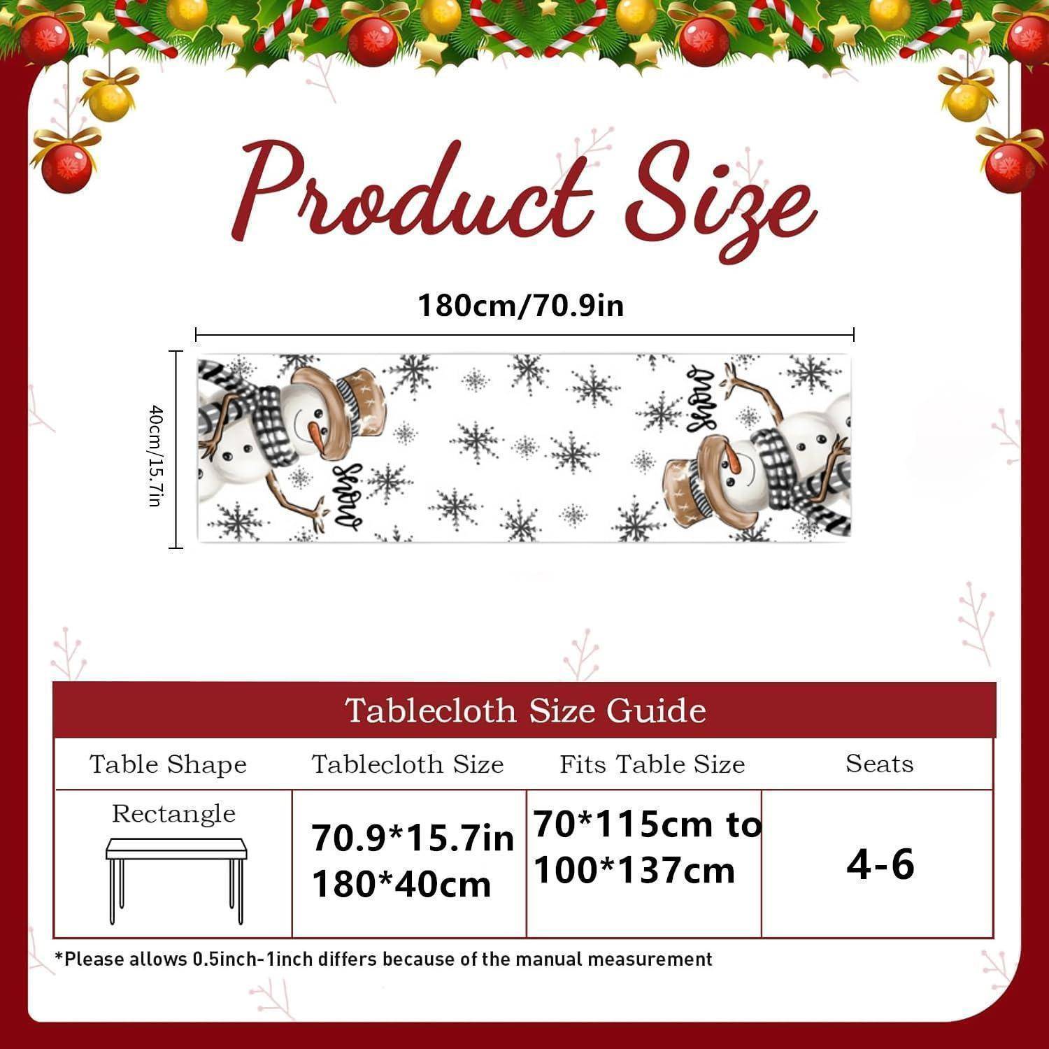 Tischdecken-Größenleitfaden mit einer rechteckigen Weihnachtstischdecke, 180 x 40 cm (70,9 x 15,7 Zoll), passt auf Tische von 70 x 115 cm bis 100 x 137 cm, Platz für 4–6 Personen.