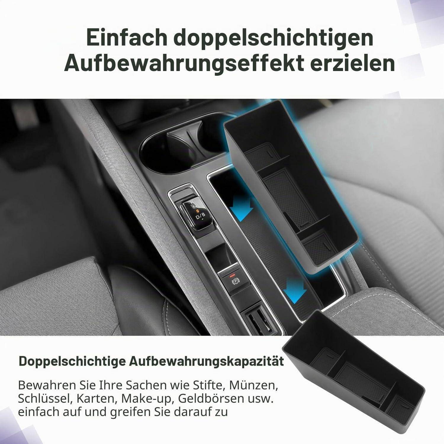 Mittelkonsolen-Aufbewahrungsorganizer mit herausnehmbarem Einsatz für doppellagige Lagerung; deutscher Text bewirbt einfache Dual-Level-Speicherkapazität.