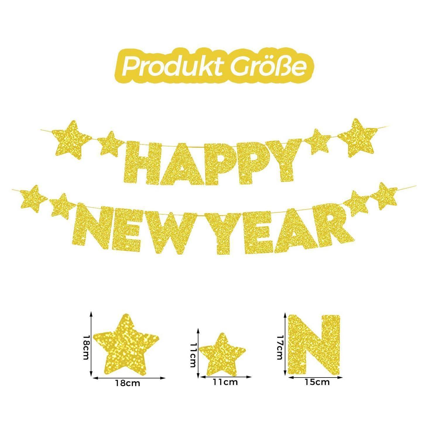 Goldglitter-Neujahrs-Banner mit der Aufschrift „FROHES NEUES JAHR" mit Sternen und Produktgrößen-Grafiken, die 18 cm Sterne, 11 cm Sterne und 17 cm mal 15 cm Buchstaben zeigen.