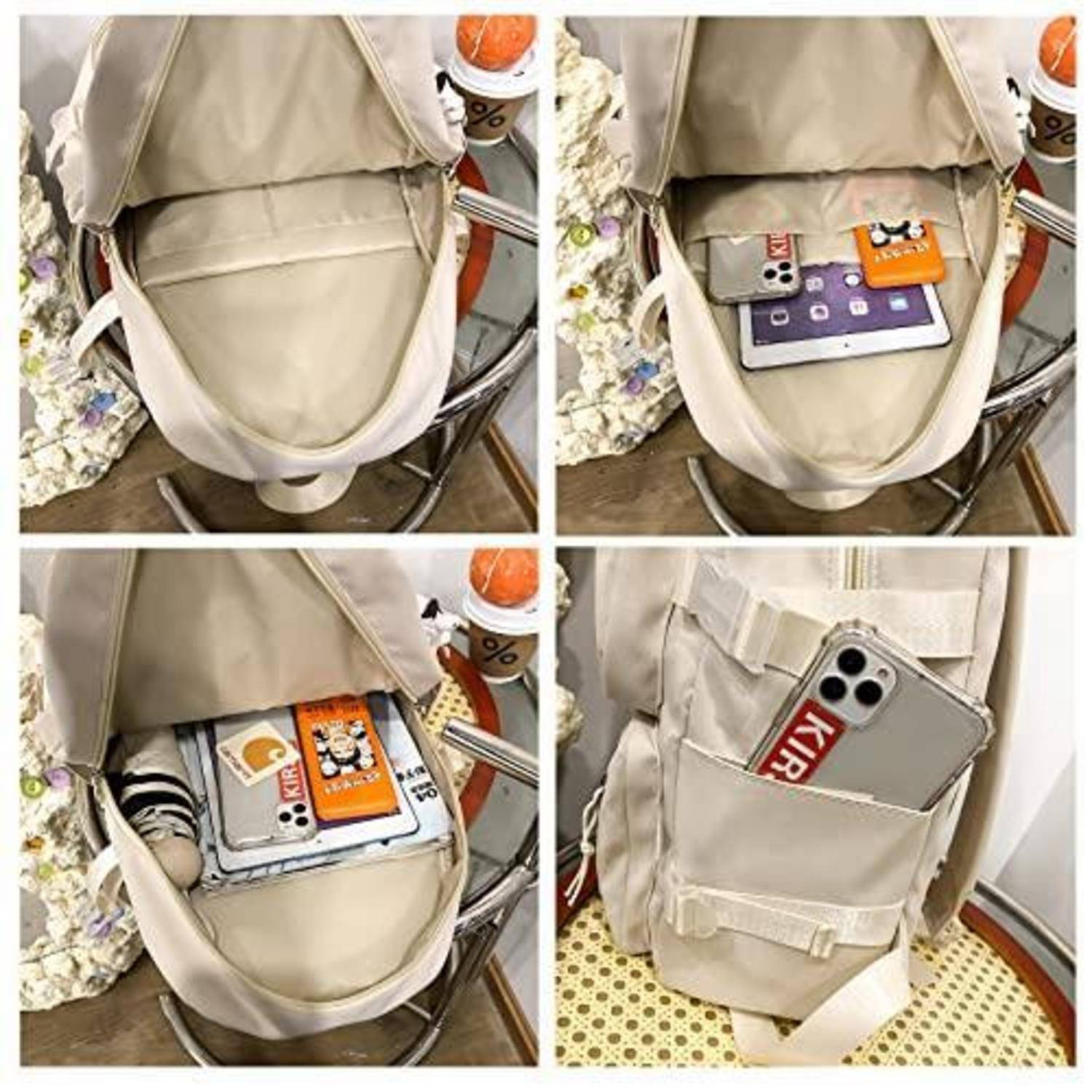 Vierteiliges Bild, das einen beigefarbenen Rucksack mit mehreren vorderen Taschen zeigt, die zum Aufbewahren eines Smartphones und kleiner Gegenstände verwendet werden.
