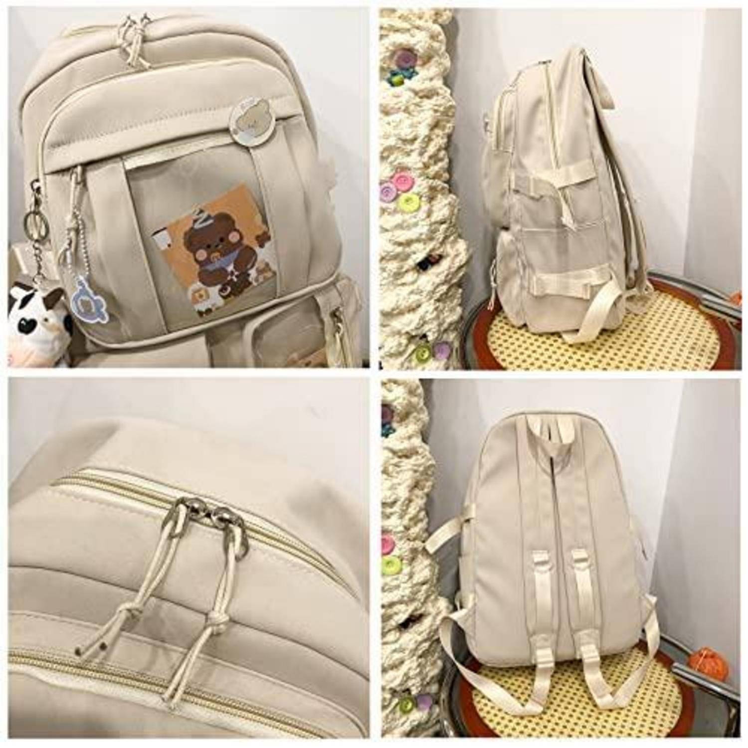 Collage eines beigen Rucksacks von vorne, von der Seite und von hinten gezeigt, mit Reißverschlusstaschen, baumelnden Anhängern und verstellbaren Schultergurten.