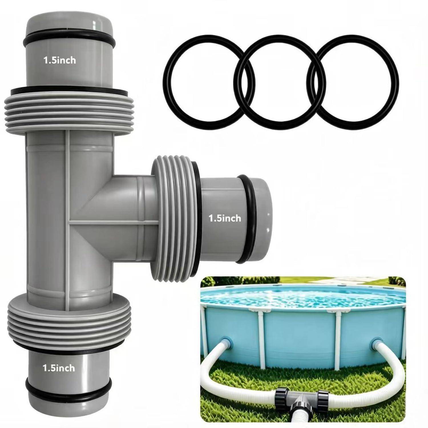 Graues 1,5-Zoll-PVC-Poolinstallations-T-Stück mit drei schwarzen O-Ringen, abgebildet neben einem Beispiel seiner Verbindung mit einem Swimmingpool-Schlauch für oberirdische Pools.