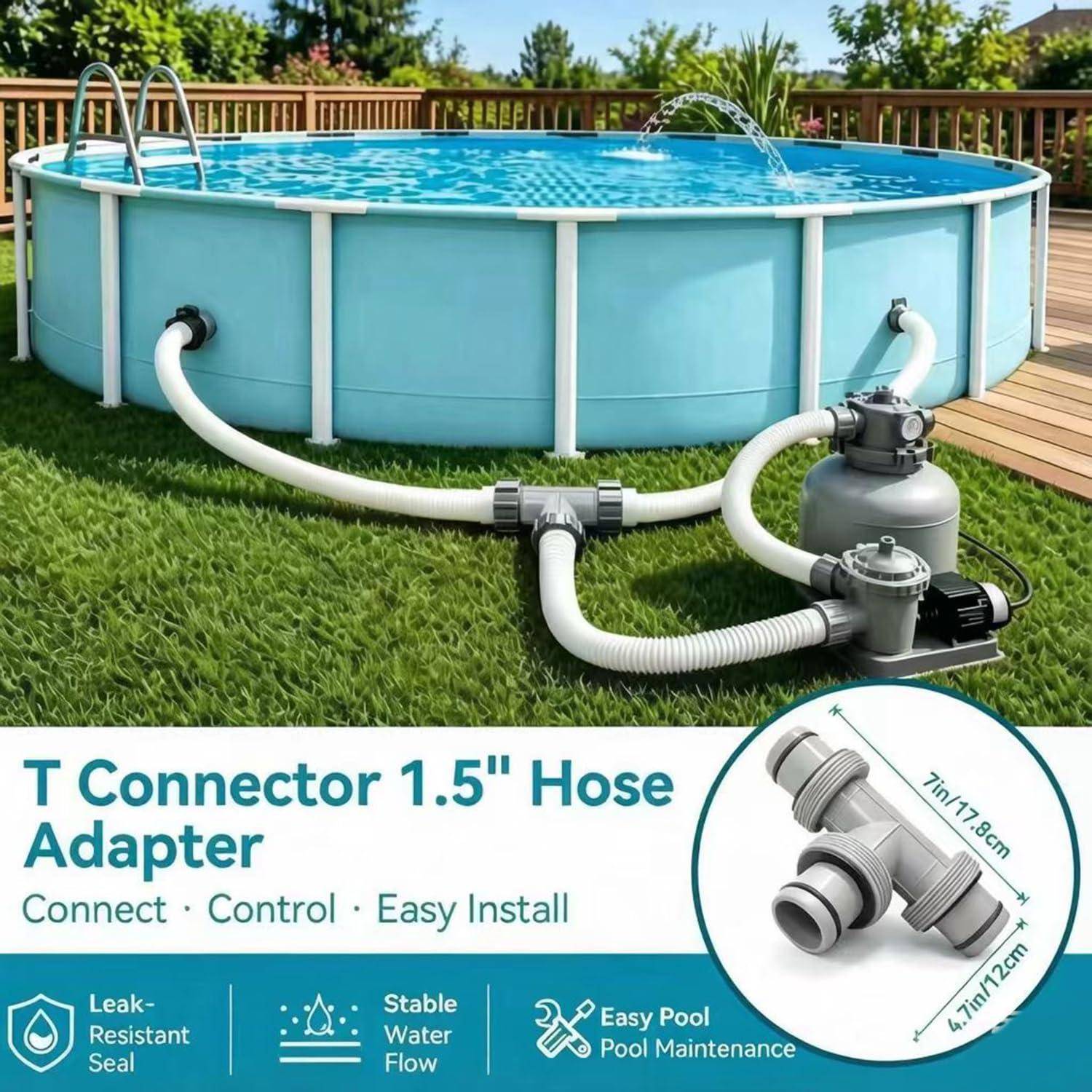 Aufblasbarer oberirdischer Pool mit Pumpe und Schläuchen, die über einen T-Verbinder verbunden sind; Text besagt „T-Verbinder 1,5