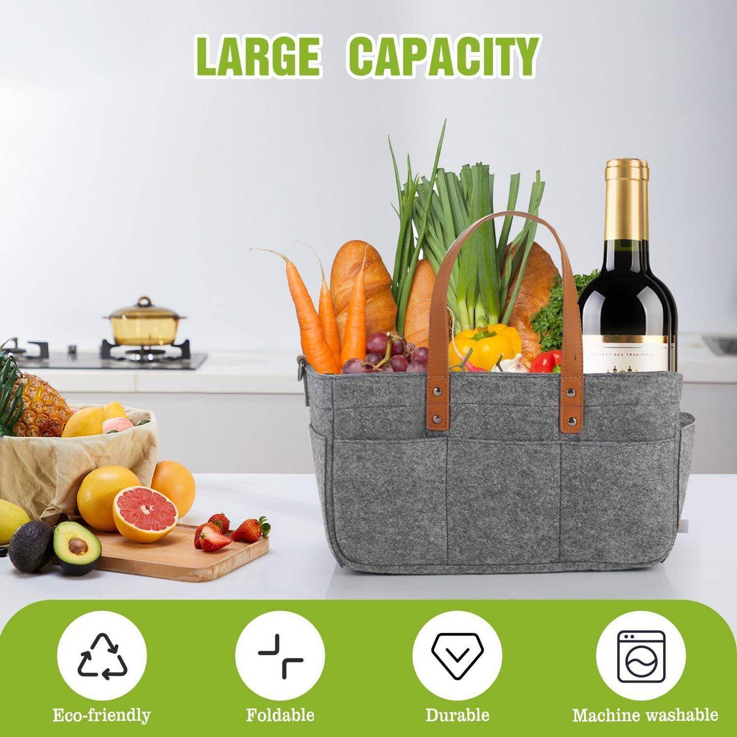 Große graue Filztasche gefüllt mit Lebensmitteln und Weinflasche, beschriftet mit „LARGE CAPACITY"; Symbole unten zeigen umweltfreundlich, faltbar, langlebig und maschinenwaschbar.