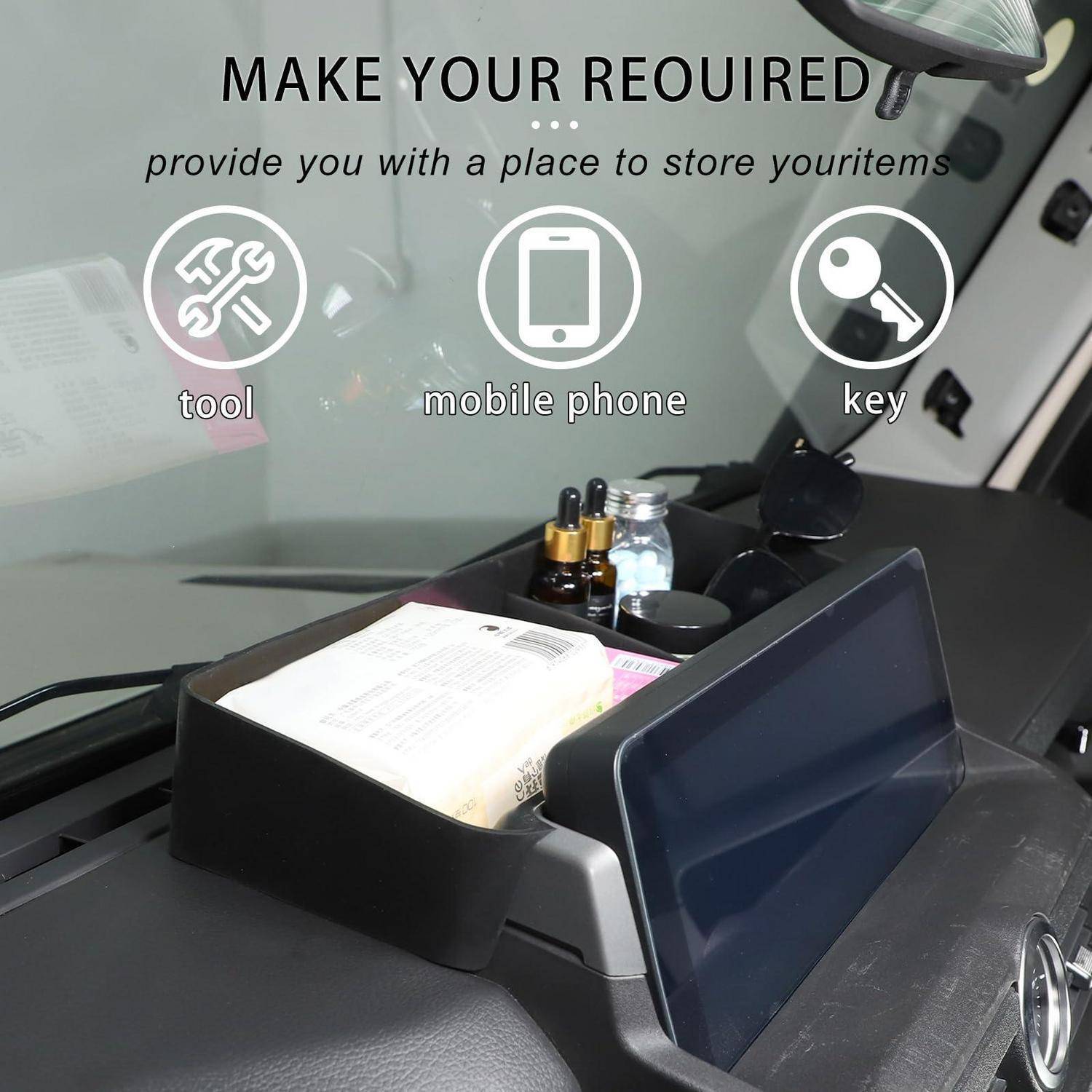Autoinnenraum-Organizer-Tablett zum Halten von Papieren, einem Telefon und kleinen Gegenständen, dargestellt als Aufbewahrungslösung für Werkzeuge, Mobiltelefon und Schlüssel.