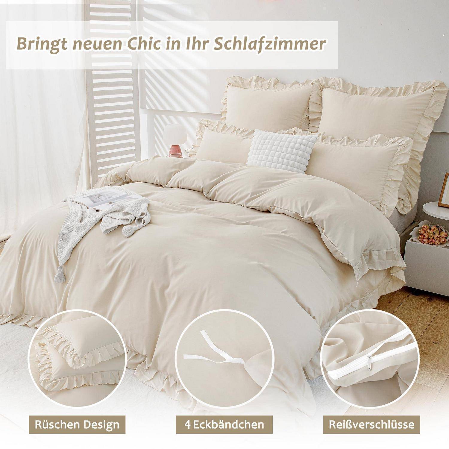 Beigefarbenes Bettwäscheset mit Rüschen auf einem Bett, mit Text, das „Rüschen Design", „4 Eckbändchen"" und „Reißverschlüsse"" hervorhebt.