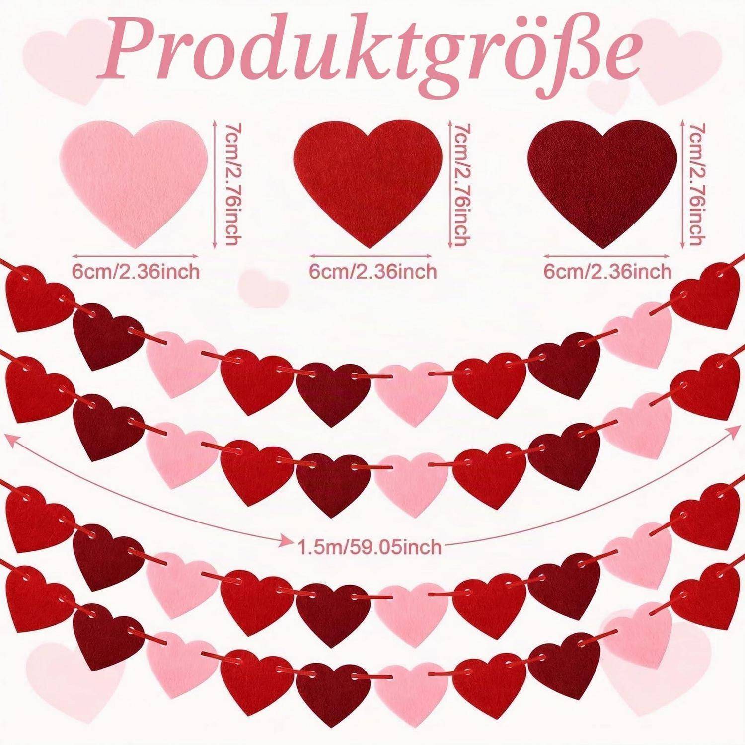 Größentabelle für herzförmige Girlanden mit der Bezeichnung „Produktgröße", die 6 cm x 7,6 cm große Herzen und eine 1,5 m lange Schnur mit mehreren roten und rosa Herzanordnungen zeigt.