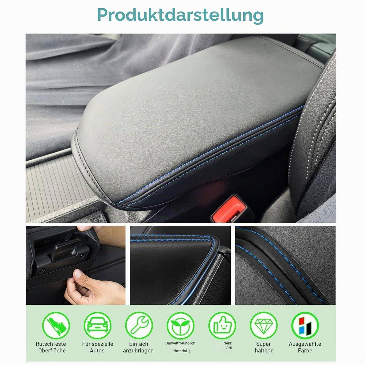 Produktanzeige einer schwarzen Mittelarmlehnenbezug mit blauer Naht in einem Auto, in Nahaufnahme mit Installationsdetail und Funktionssymbolen für Rutschfestigkeit, einfache Installation, umweltfreundliches Material und Haltbarkeit.