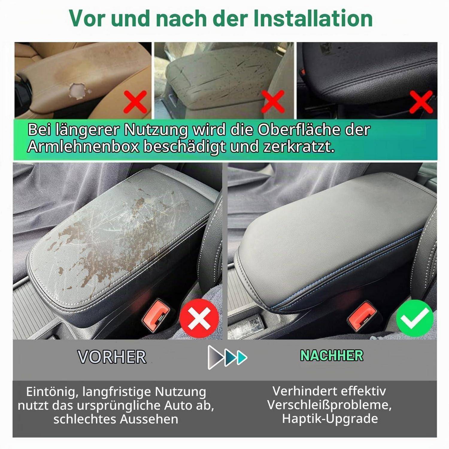 Vorher-Nachher-Vergleich einer Autokonsolen-Box-Abdeckung: abgenutzte, zerkratzte Oberfläche vorher; glatte, geschützte Abdeckung nach der Installation, die Verschleiß verhindert und das Erscheinungsbild verbessert.
