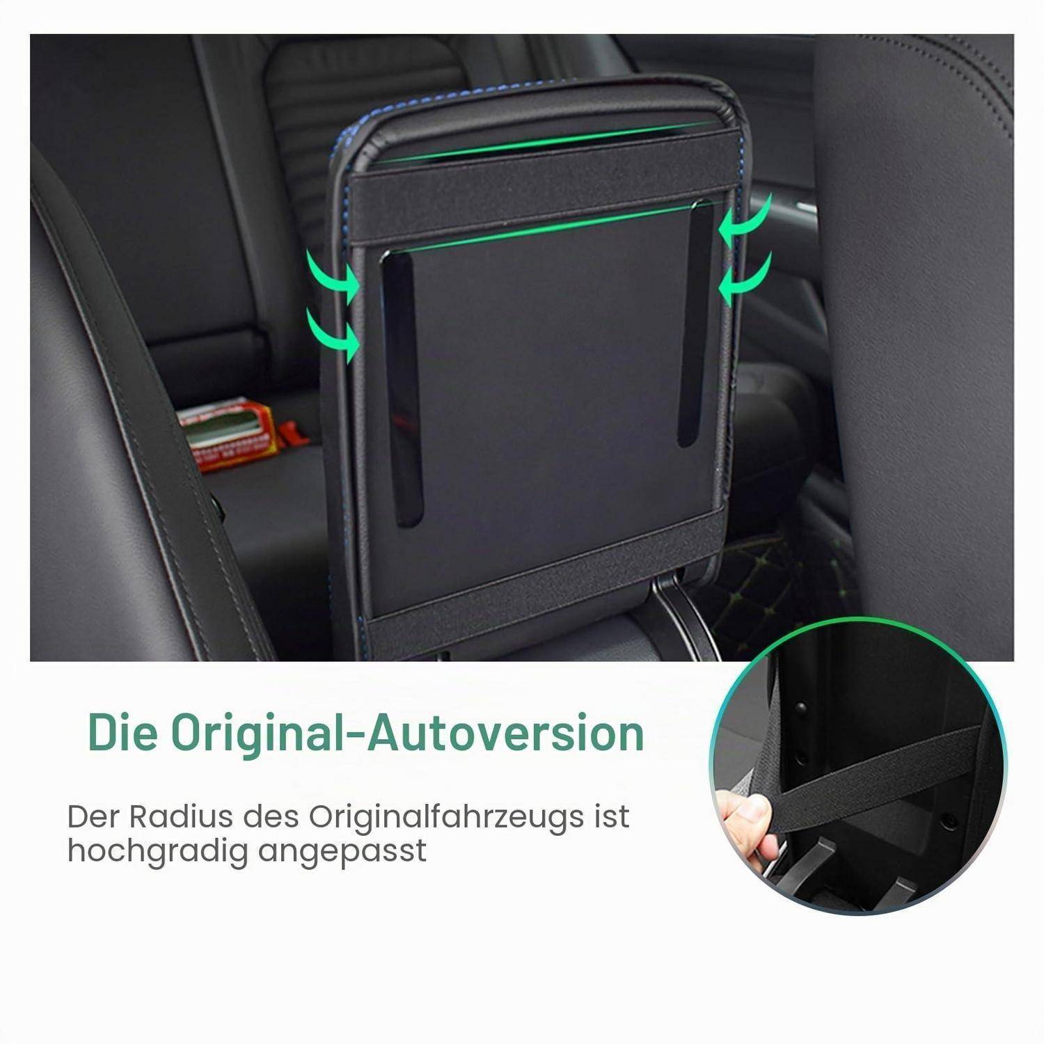 Autositz-Rückseiten-Organizer mit verstellbaren Riemen, montiert zwischen Autositzen gezeigt, mit deutschem Text „Die Original-Autoversion" und „Der Radius des Originalfahrzeugs ist hochgradig angepasst"".