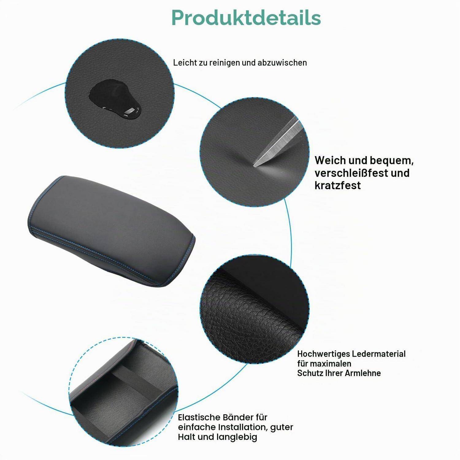 Produktdetails Grafik zeigt eine schwarze Armlehnenabdeckung mit Beschriftungen: leicht zu reinigen, weich, langlebig, kratzerbeständig, hochwertiges Leder, elastische Bänder für einfache Installation und sichere Passform.