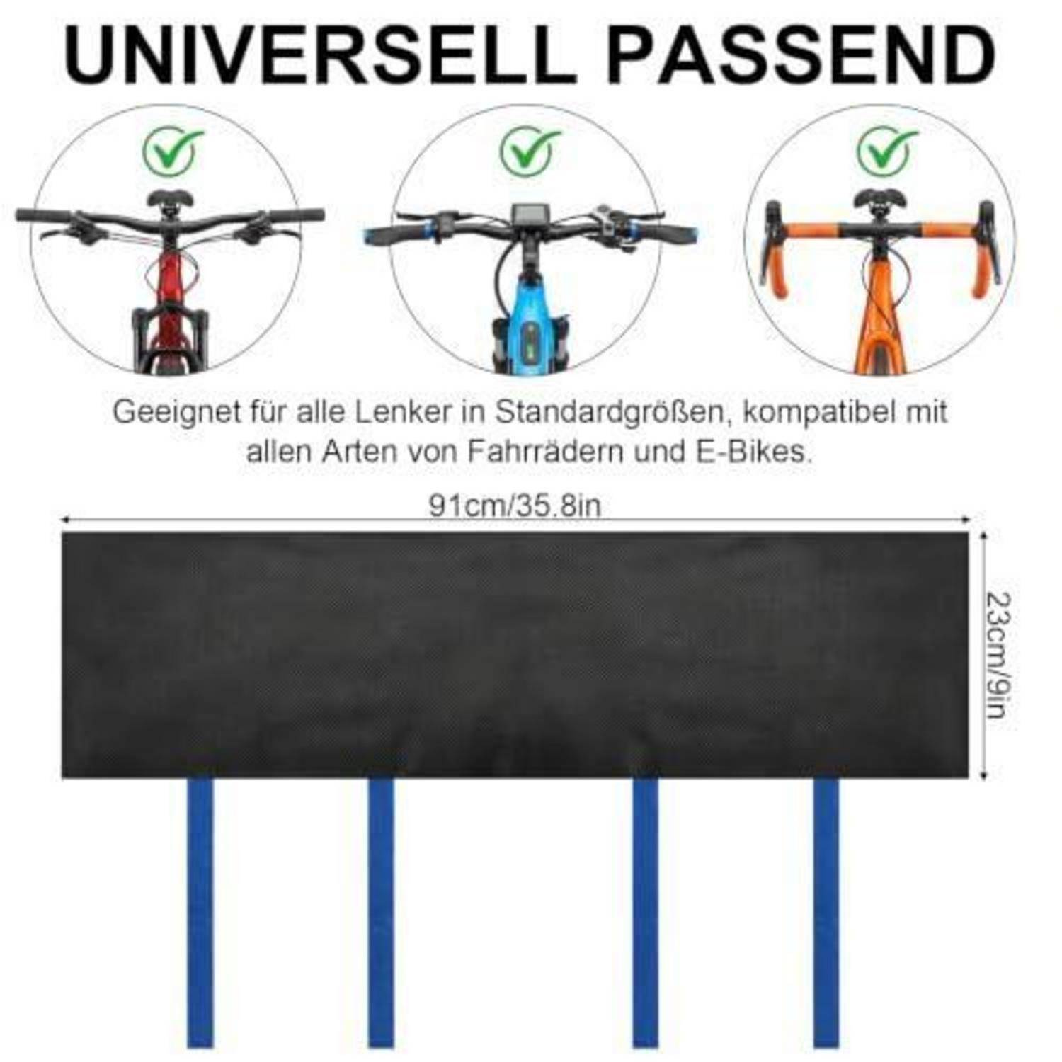 Produktgrafik für ein universelles Fahrrad-Lenker-Zubehör, das auf Standard-Lenkern an Fahrrädern und E-Bikes passt; Matte Größe 91 cm x 23 cm.