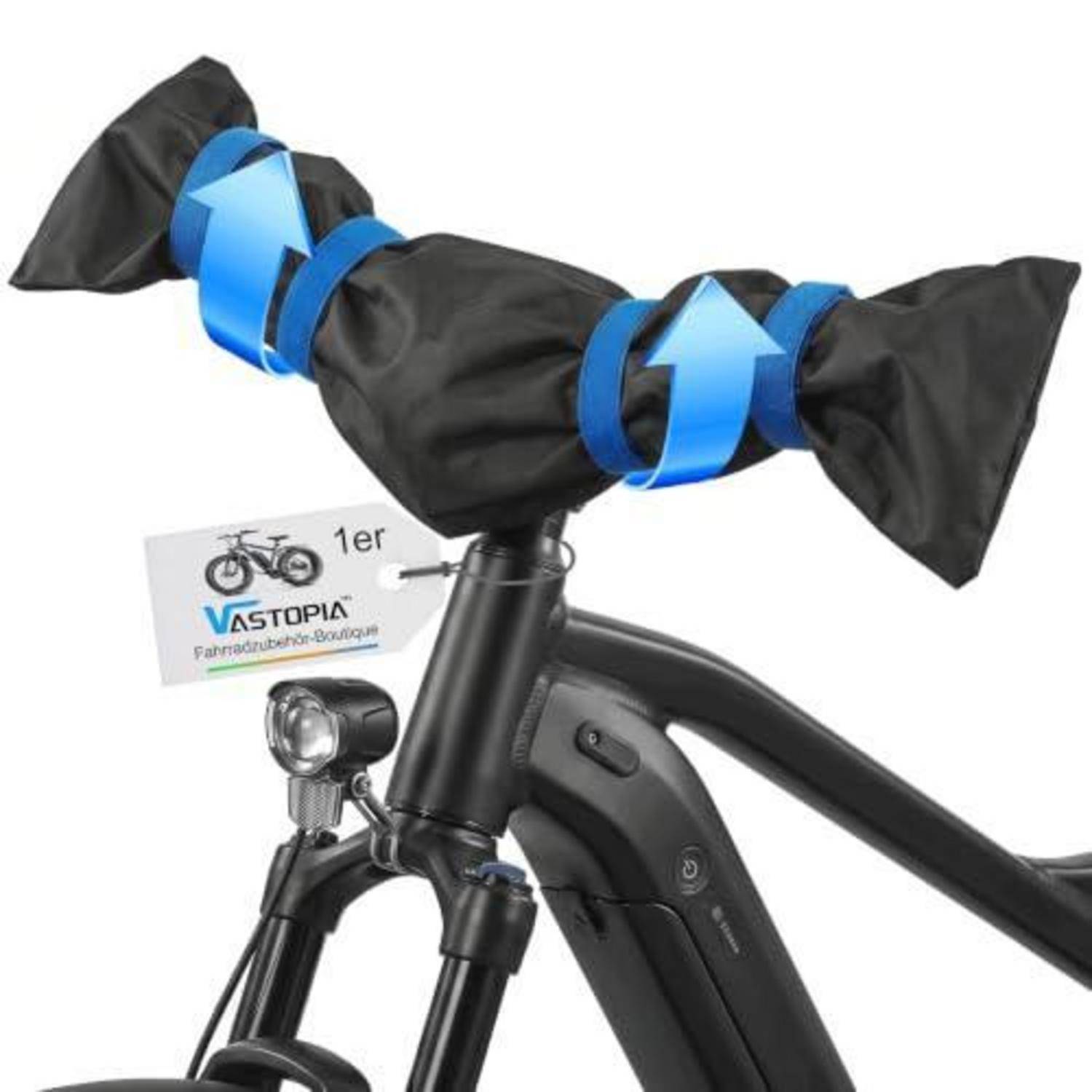 Schwarze Fahrradlenkertasche mit blauen Reflexstreifen, auf einer Fahrradgabel oben montiert, mit einem kleinen "VASTOPIA""-Etikett angebracht.