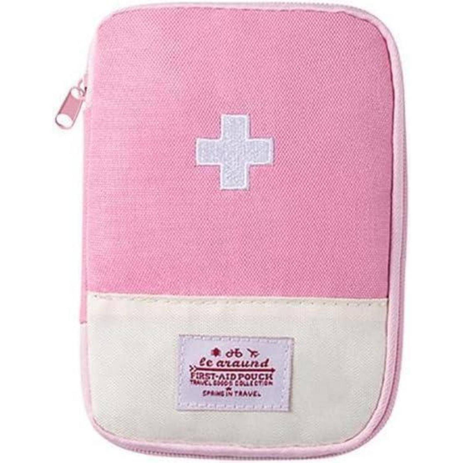 Rosa Reißverschluss-Erste-Hilfe-Tasche mit weißem Kreuzsymbol und kleinem Frontetikett, vor weißem Hintergrund dargestellt.