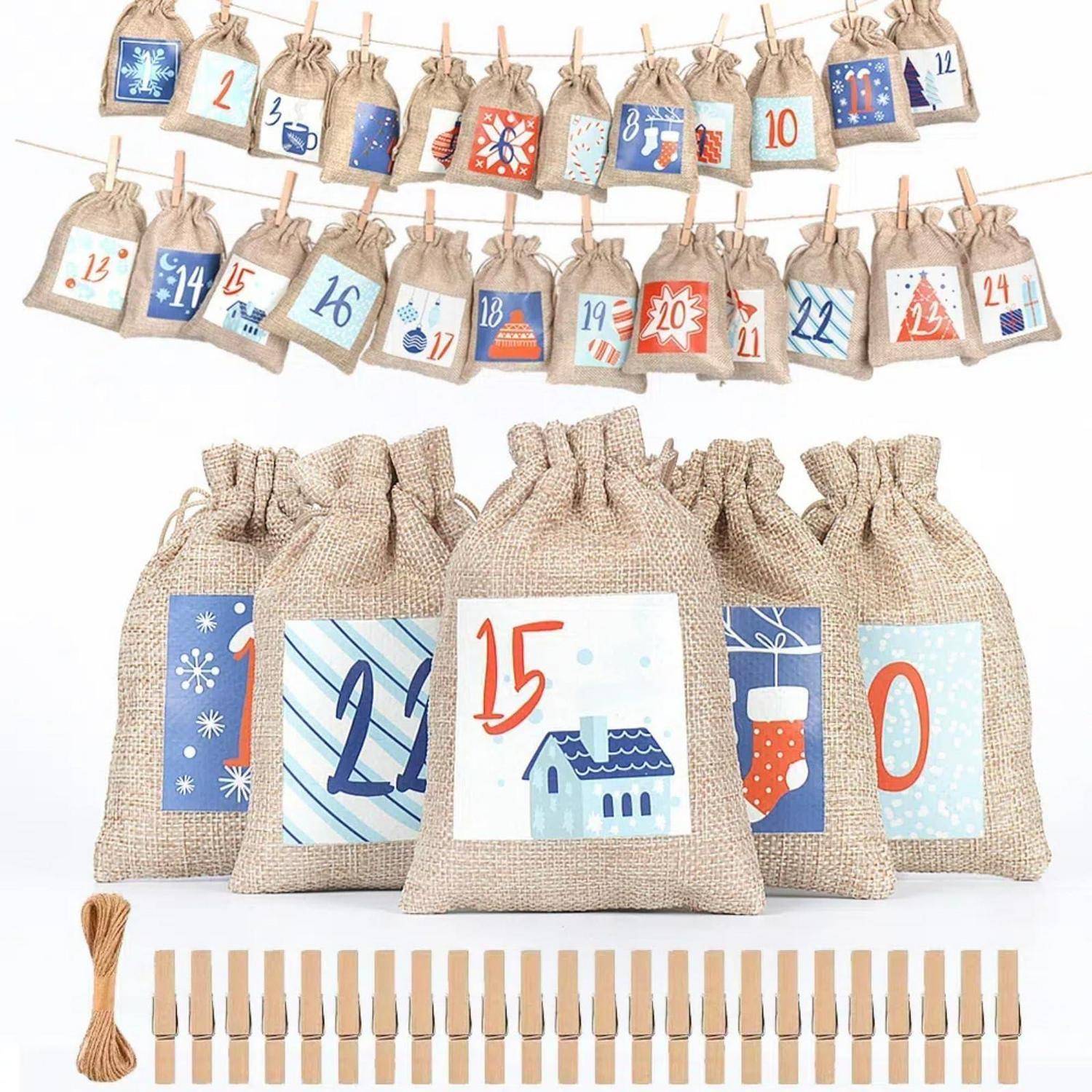 Jutebeutel-Adventskalender-Set mit nummerierten Säckchen mit Kordelzug, Wäscheklammern und Schnur zum Aufhängen für Advents-Countdown-Leckereien.