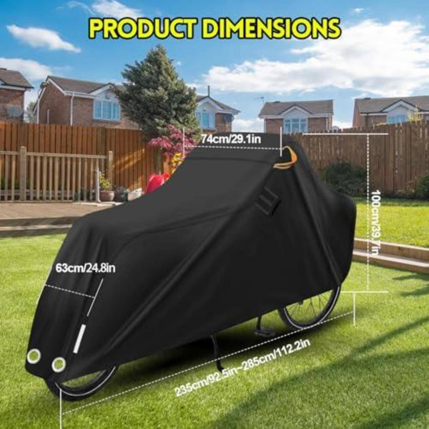 Diagramm zeigt eine Fahrradabdeckung mit Produktabmessungen: 74 cm/29,1 in Breite, 100 cm/39,7 in Höhe, 63 cm/24,8 in Rückhöhe und 235-285 cm/92,5-112,2 in Länge.