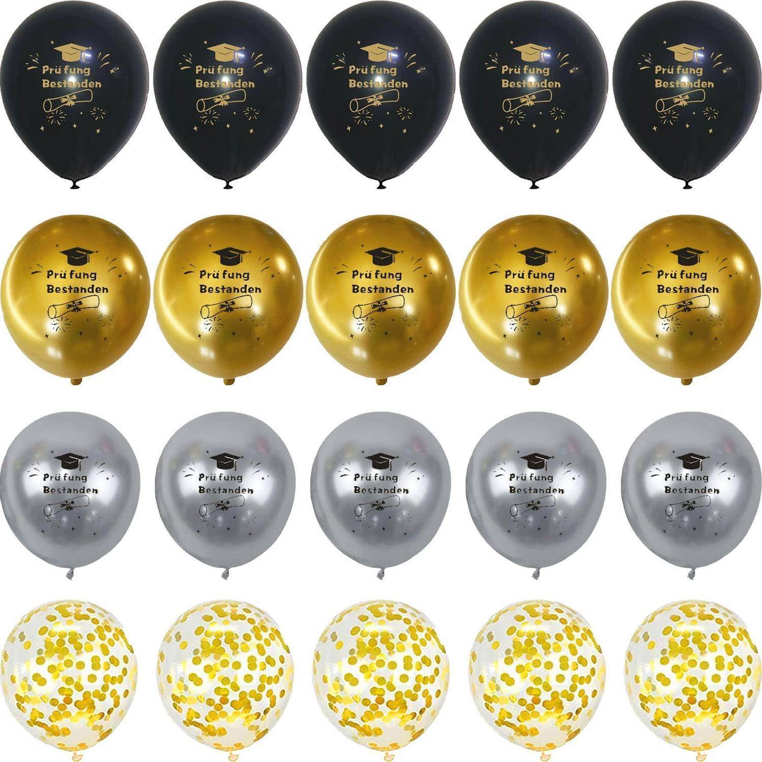 Gitter aus Abschlussballons in Schwarz, Gold, Silber und klarer Konfetti, jeweils bedruckt mit „Prüfung Bestanden